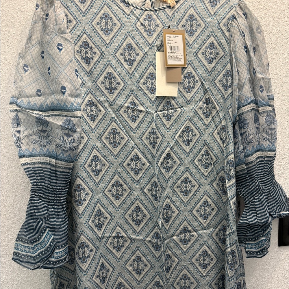 Anita Dongre Blue Gray Bib Collar 3/4 Sleeve Blouse